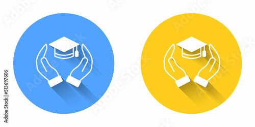 White Education grant icon isolated with long shadow background. Tuition fee, financial education, budget fund, scholarship program, graduation hat. Circle button. Vector