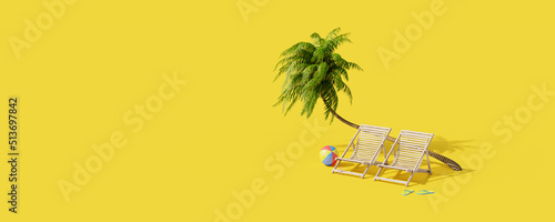 Print op canvas Beach chairs under a palm tree on yellow background