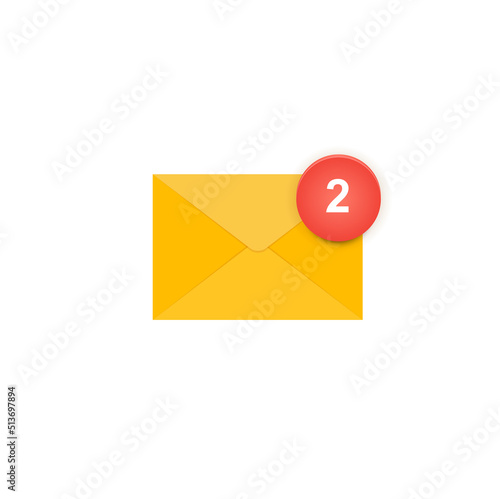 Yellow envelope with red notification that indicate incoming emails. Email icon design with notifications. Vector illustration.