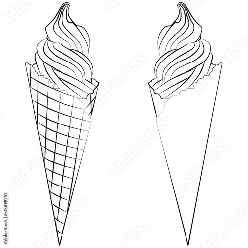 creamy twisted soft ice cream waffles, ice cream cones wafer sketch drawing, contour lines drawn
