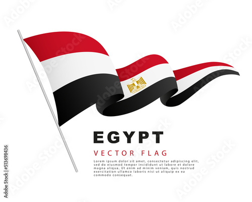 The flag of Egypt hangs on a flagpole and flutters in the wind. Vector illustration isolated on white background.