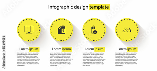 Set Solar energy panel, Eco fuel canister, Battery and . Business infographic template. Vector