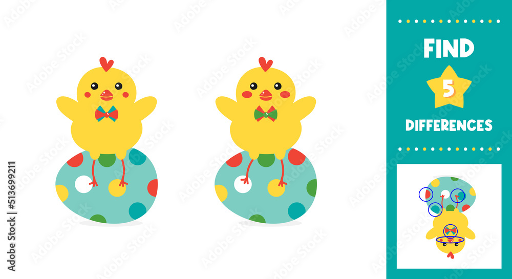 Fototapeta premium Educational game for kids, children. Find 5 differences in easter baby chicken character illustrations. Game-based perception learning, guessing game. Vector printable illustration, page.