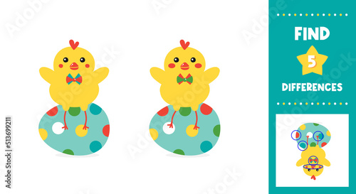 Educational game for kids, children. Find 5 differences in easter baby chicken character illustrations. Game-based perception learning, guessing game. Vector printable illustration, page.