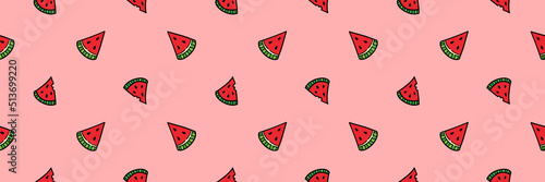 Wide horizontal vector seamless pattern background with cute doodle watermelon slices. 