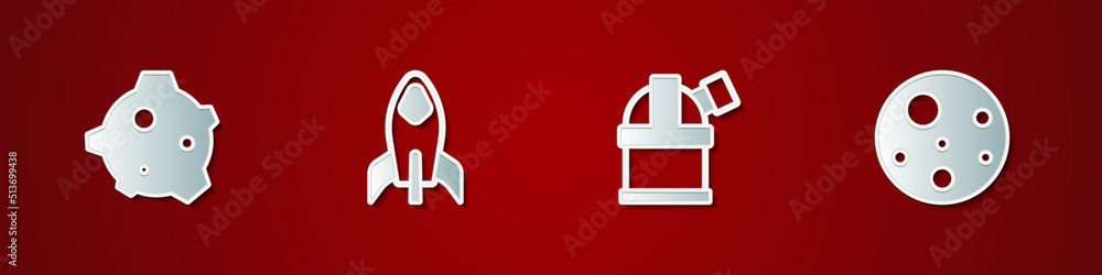 Set Asteroid, Rocket ship, Astronomical observatory and Planet Mars icon. Vector