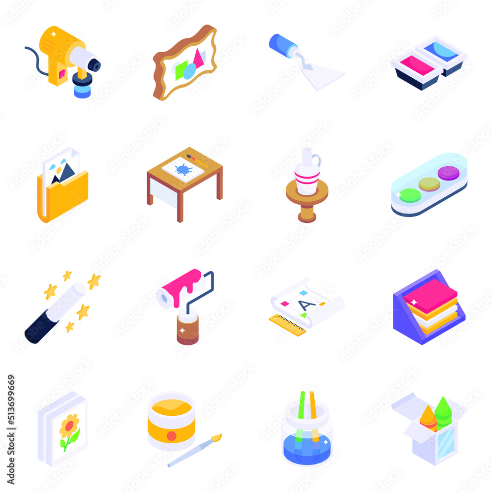 Trendy Art and Painting Isometric Icons Trendy Art and Painting Isometric Icons