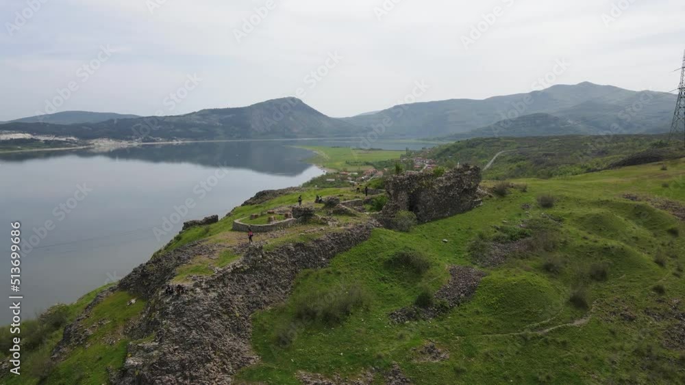 Aerial view of Ruins of ancient Vishegrad Fortress on the southern coast of Studen Kladenets reservoir near town of Kardzhali, Bulgaria Aerial view of Ruins of ancient Vishegrad Fortress on the southern coast of Studen Kladenets reservoir near town of Kardzhali, Bulgaria