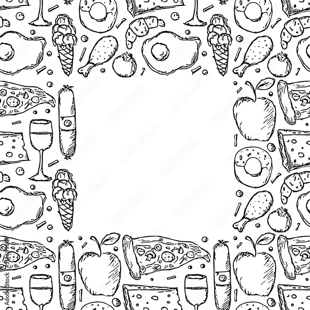 Seamless food pattern. Food background with place for text. Doodle vector illustration with food icon