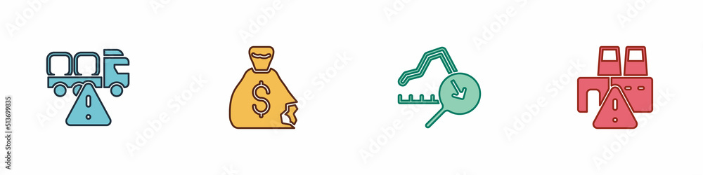 Set Stop delivery cargo truck, Money bag, Global economic crisis and Shutdown of factory icon. Vector Set Stop delivery cargo truck, Money bag, Global economic crisis and Shutdown of factory icon. Vector