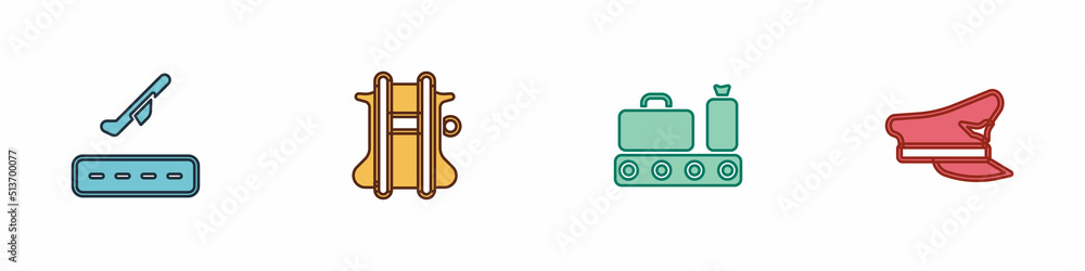 Set Plane takeoff, Parachute, Conveyor belt with suitcase and Pilot hat icon. Vector Set Plane takeoff, Parachute, Conveyor belt with suitcase and Pilot hat icon. Vector