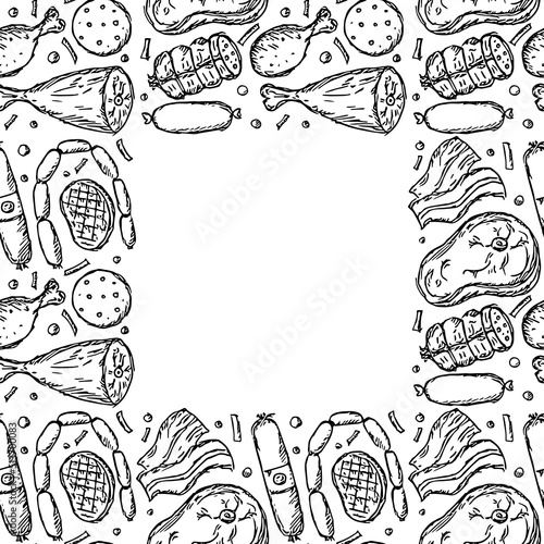 Seamless meat pattern with place for text. Black and white meat background. Doodle vector illustration with meat products icons