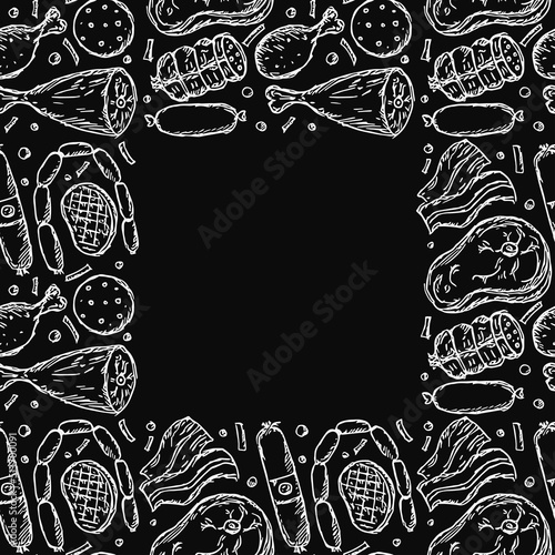 Seamless meat pattern with place for text. Black and white meat background. Doodle vector illustration with meat products icons