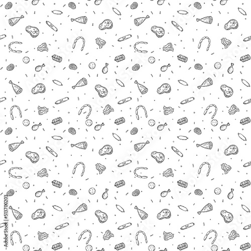 Seamless meat pattern. Black and white meat background. Doodle vector illustration with meat products icons