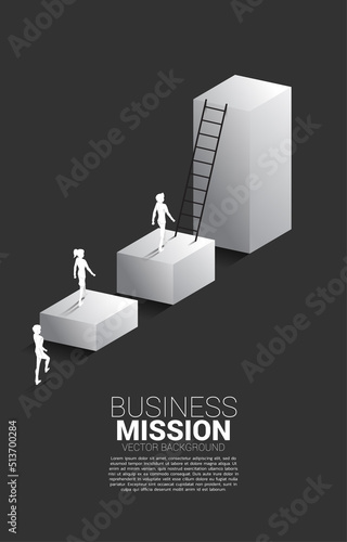 silhouette of businessman and businesswoman walking on bar graph with ladder. Concept of vision mission and goal of business