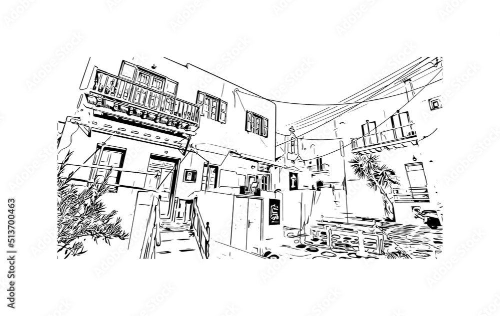 Building view with landmark of Mykonos is the 
island in Greece. Hand drawn sketch illustration in vector.