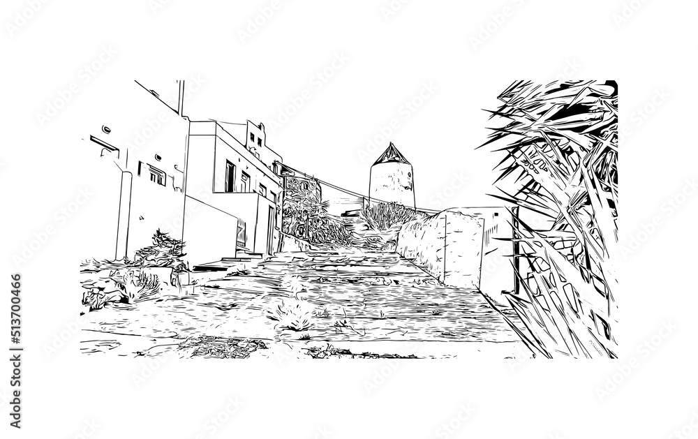 Building view with landmark of Mykonos is the
island in Greece. Hand drawn sketch illustration in vector.