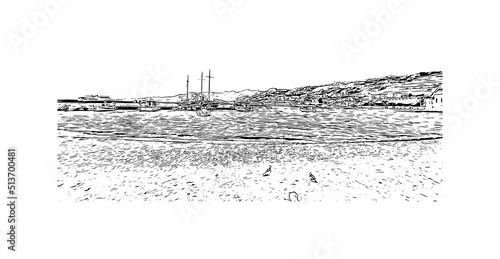 Building view with landmark of Mykonos is the 
island in Greece. Hand drawn sketch illustration in vector.