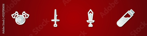 Set Medieval shield with axe, Dagger, Sword for game and Bottle potion icon. Vector