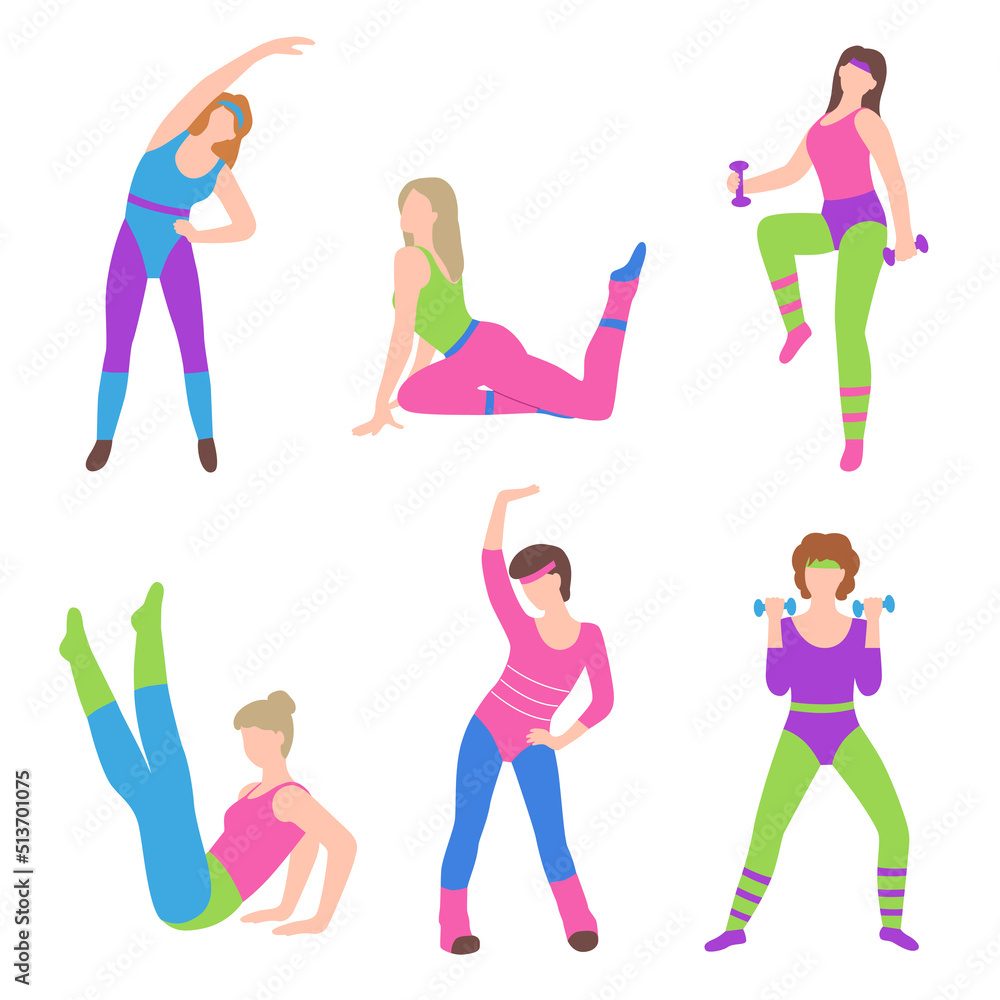 Retro fitness. Set of women doing exercises Retro fitness. Set of women doing exercises