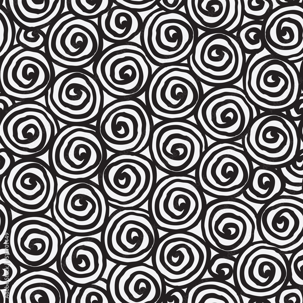 Abstract seamless pattern with spiral black doodles on a white background. Vector repeating background, graphic print for textile, clothes, wrapping paper or Wallpaper. Squiggle freehand texture