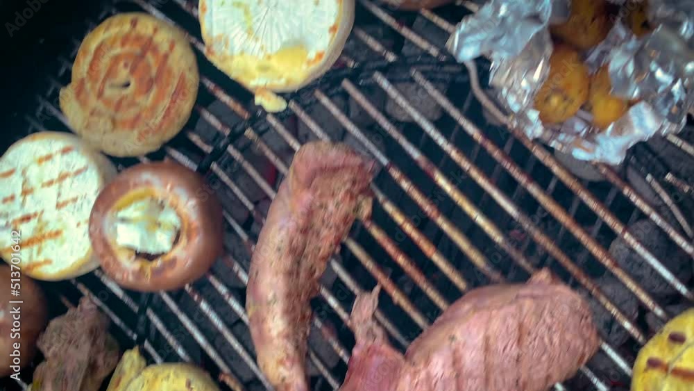Vegetables and meat on the barbecue. Selective focus. Vegetables and meat on the barbecue. Selective focus.