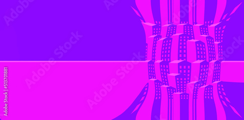 Abstract bright purple pink background with city building in bubble. Creative design for poster, presentation, flyer, banner, template. Copy space. NFT card. Virtual reality. Very Peri house. Property