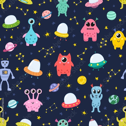 Cute aliens in space seamless pattern. Flying saucers background for kids with funny characters. Great for fabric and wrapping paper. Vector illustration