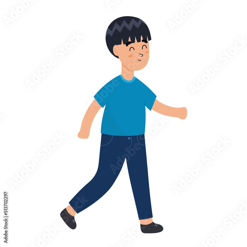 Cute walking boy. Funny kid smiling and exercising isolated on white. Follow the path vector illustration © juliyas