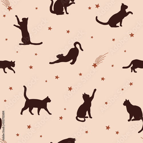 Black cat silhouette among stars in the night sky vector seamless pattern. Boho Halloween cats background. Esoteric outer space pets surface design.