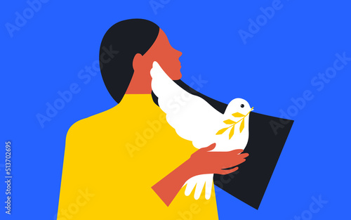 A cute girl with long black hair holds a white dove of peace in her hands on a horizontal blue background. Vector.