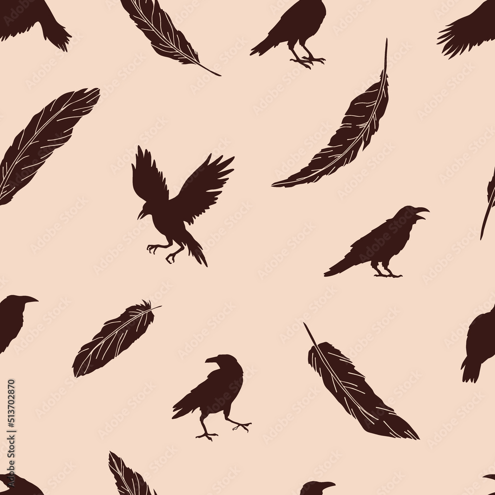 Obraz premium Black Crow silhouette in various poses bird feather vector seamless pattern. Line art retro raven figures background. Boho Halloween mystical surface design.