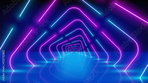 Glowing neon lines, tunnel, led arcade, stage. Abstract technology background, virtual reality. Pink blue purple corridor neon square arch, perspective. Ultraviolet bright glow. Vector illustration
