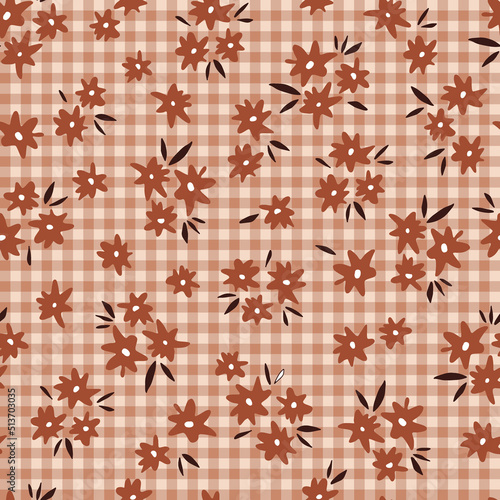 Floral Gingham plaid Boho Halloween vector seamless pattern. Geometric florals abstract background. Retro buffalo check with flowers surface design for autumn holidays gift wrapping paper.