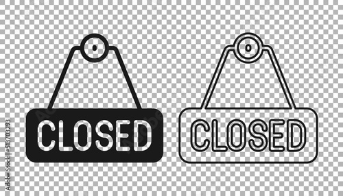 Black Hanging sign with text Closed icon isolated on transparent background. Business theme for cafe or restaurant. Vector