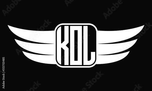 KOL three Letter Wings Flying Initial wing symbol minimalist creative concept flag icon professional logo design Vector template with abstract black and white tattoo