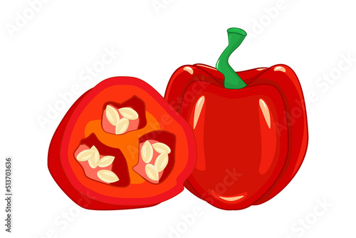 Whole and sliced bulgarian bell paprika isolated on white background. Cartoon red hungarian paprika icon.Sweet capsicum for food ingredient and spice.Organic vegetable.Farm product.Vector illustration