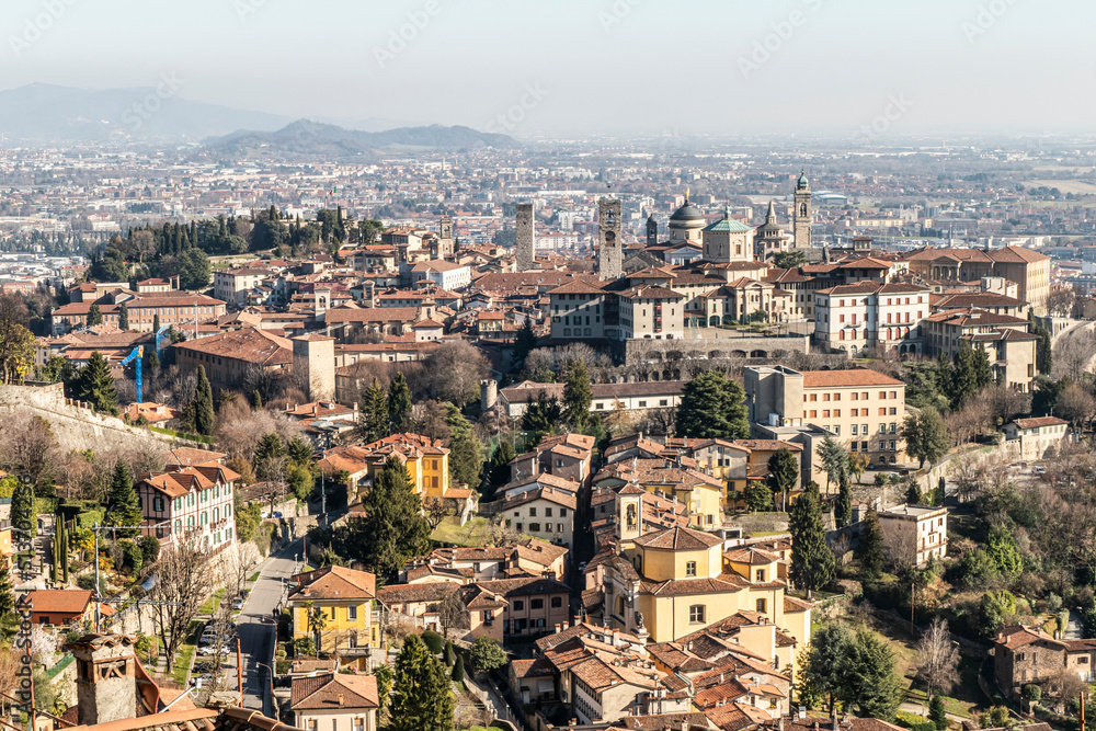 Aerial view of the historic center of Bergamo Alta