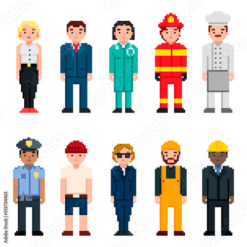 Pixel art characters avatar set. Professions pixel art people isolated design. Policeman, Doctor, Businessman, Chef, Firefighter, Builder and other. 8 bit art.