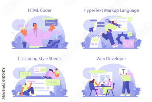 Website development set. HTML coding process. Digital specialist creating