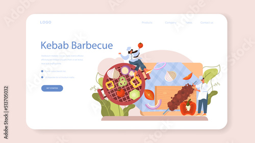 Kebab street food web banner or landing page. Chef cooking delicious