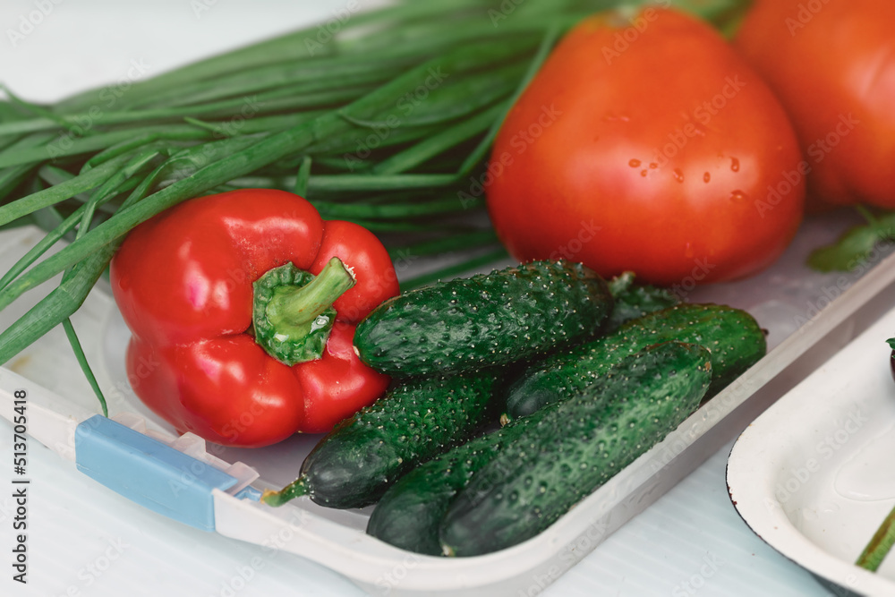Cucumbers, peppers, tomatoes and onions from a home garden on a salad tray, washed vegetables Cucumbers, peppers, tomatoes and onions from a home garden on a salad tray, washed vegetables