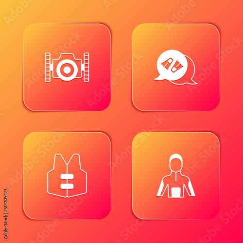 Set Photo camera for diver, Flippers swimming, Life jacket and Wetsuit scuba diving icon. Vector