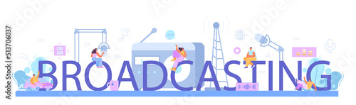 broadcasting typographic header. Radio host in the studio play music.