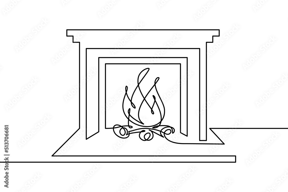 Fireplace in continuous line art drawing style. Classic fireplace, element of room interior black linear sketch isolated on white background. Vector illustration Fireplace in continuous line art drawing style. Classic fireplace, element of room interior black linear sketch isolated on white background. Vector illustration