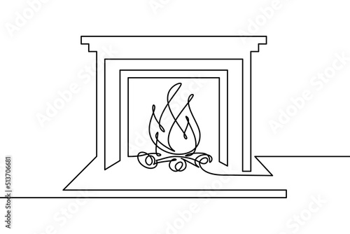 Fireplace in continuous line art drawing style. Classic fireplace, element of room interior black linear sketch isolated on white background. Vector illustration