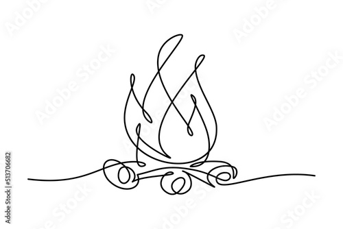 Bonfire in continuous line art drawing style. Campfire black linear sketch isolated on white background. Vector illustration