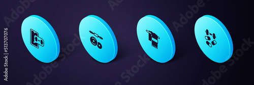 Set Isometric Sports doping with dumbbell, Towel on hanger, Barbell and Fitness app icon. Vector