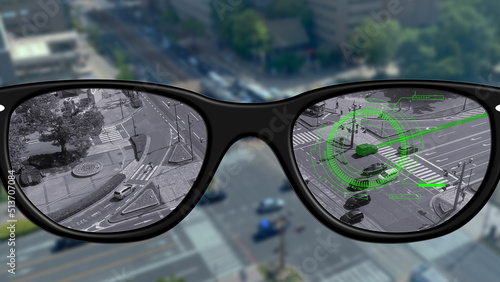 Fototapeta Naklejka Na Ścianę i Meble -  Smart glasses, HUD, the glasses of the future in a virtual reality