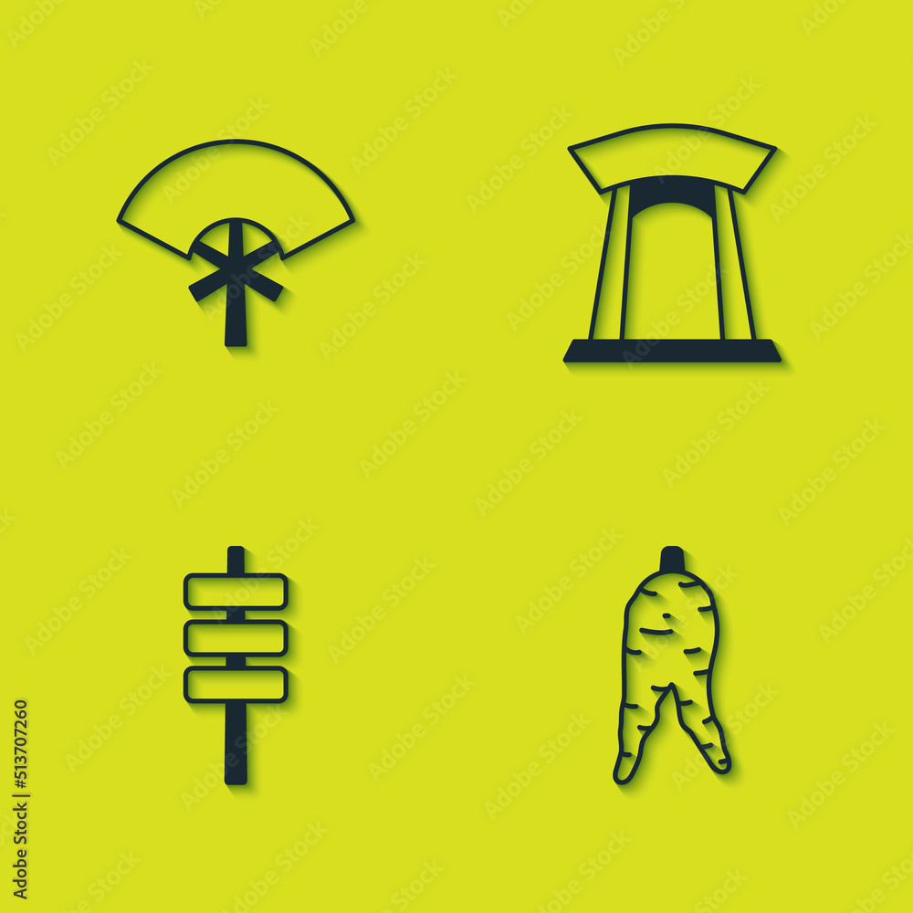 Set Traditional fan, Ginseng root, Korean food tokpokki and gate icon. Vector Set Traditional fan, Ginseng root, Korean food tokpokki and gate icon. Vector